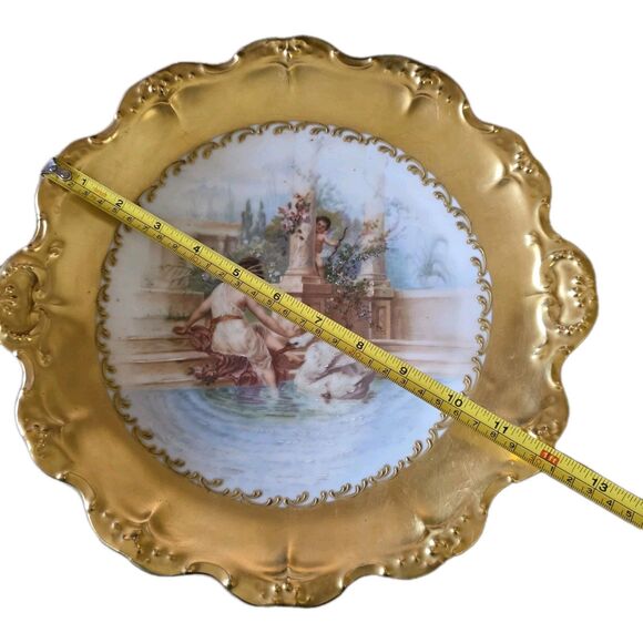 Limoges B&H Blakeman & Henderson Hand Painted Gold Rim Dish Woman Swan Cupid 12" - Picture 13 of 13